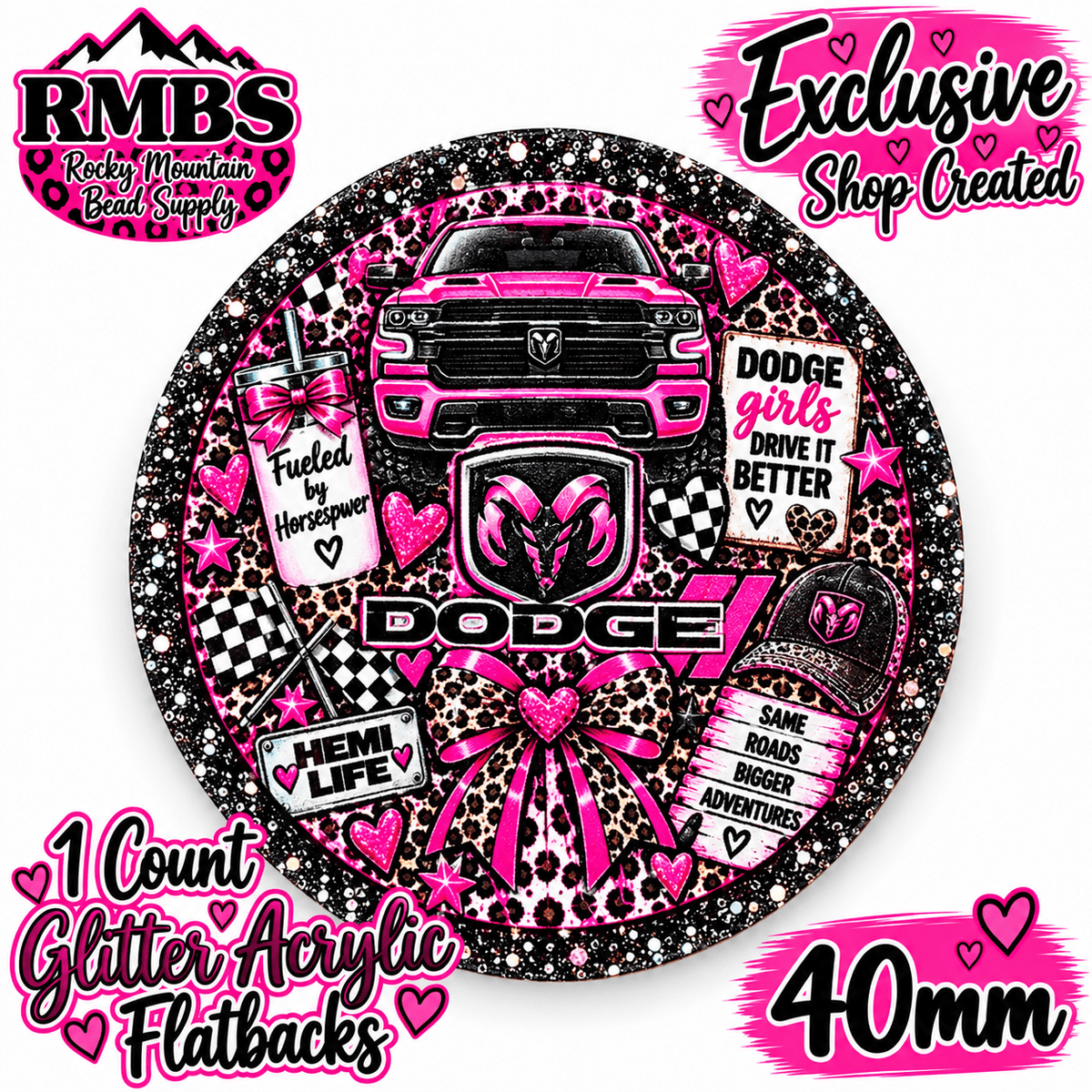 Exclusive 1 Count Custom Exclusive Glitter Acrylic Flatback 40mm DODGE PINK