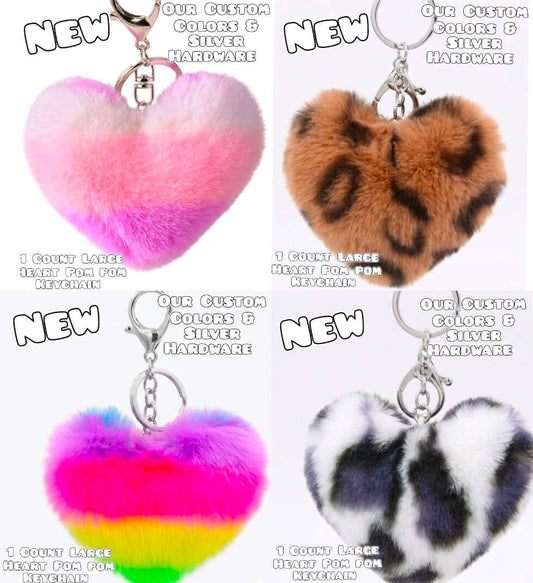 1 Count Large Heart Keychain Pom Poms Silver Hardware Shop Created Designs