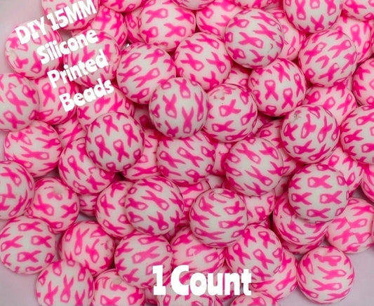 New 1 Count DIY Silicone Beads 15mm printed Breast Cancer Awareness