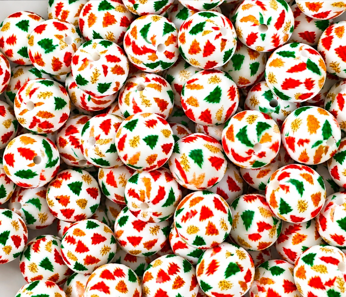 New 1 Count DIY Silicone Beads 15mm printed Christmas Plaid Trees