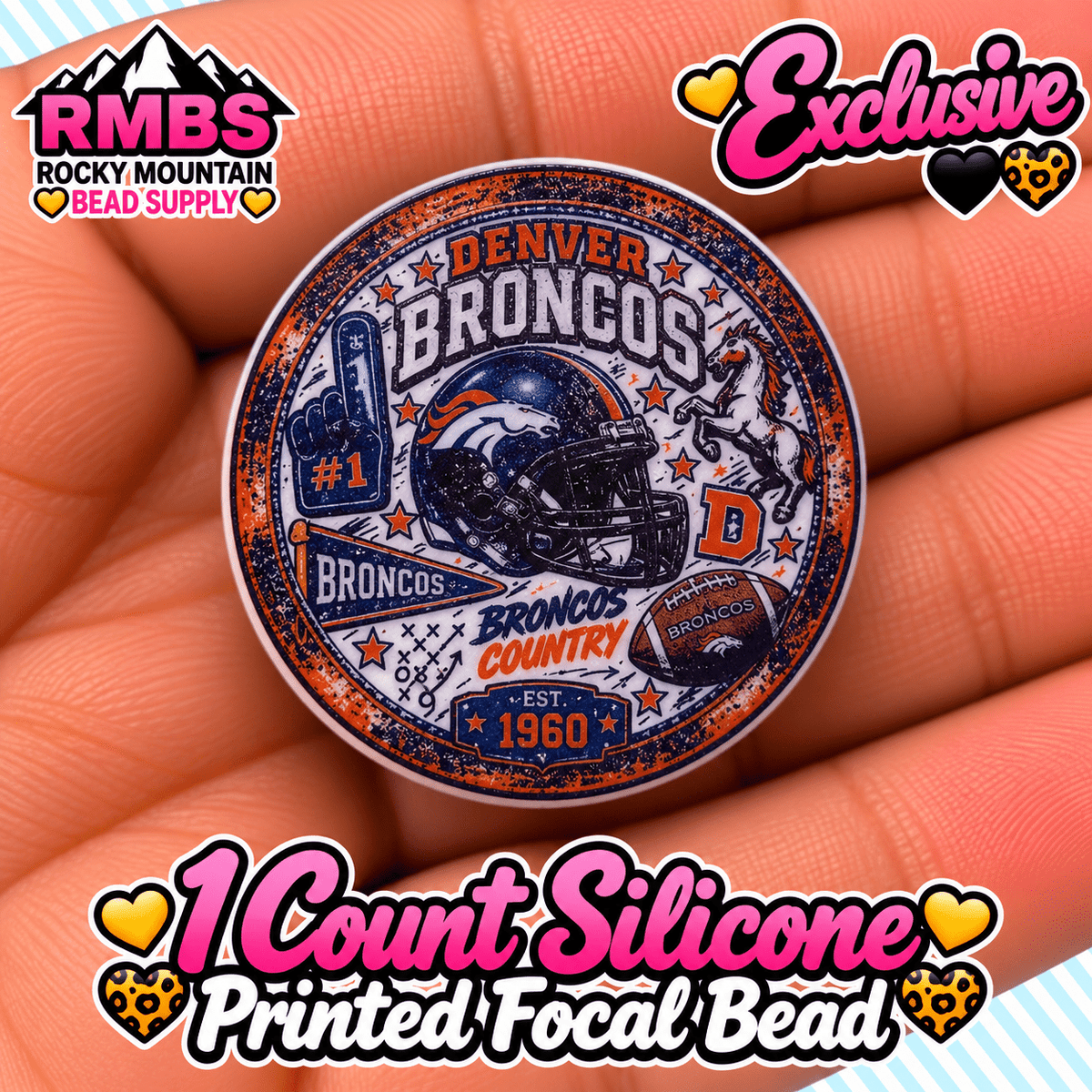 NEW Exclusive 1 count PRINTED Silicone Focal Bead FOOTBALL BRONCOS