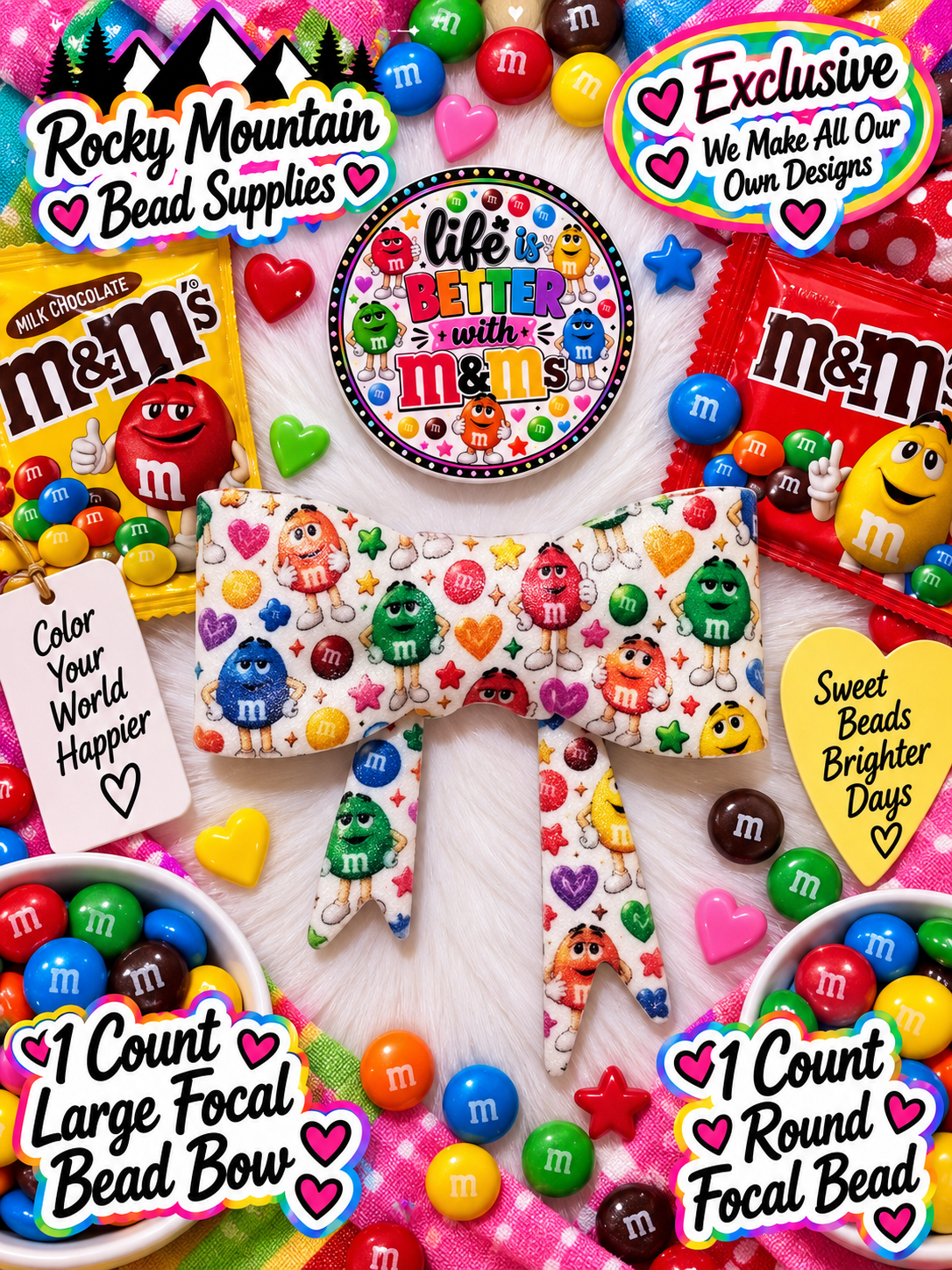 New Shop Exclusive 1 Count Large Silicone Bow 1 Count Focal Bead Round M&M