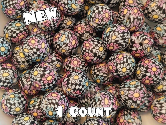 New 1 Count DIY Silicone Beads 15mm printed Floral Checkered