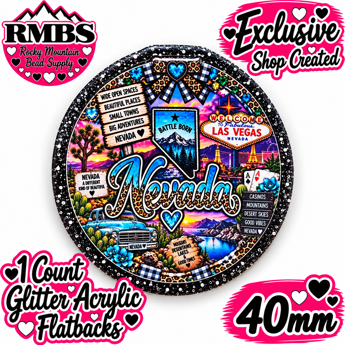 Exclusive 1 Count Custom Exclusive Glitter Acrylic Flatback 40mm STATE NEVADA