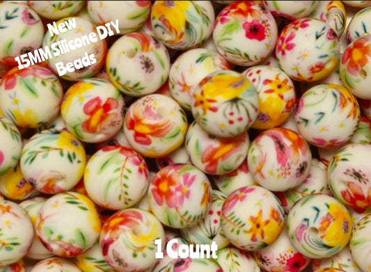 New 1 Count DIY Silicone Beads 15mm printed flowers floral beadable accessories