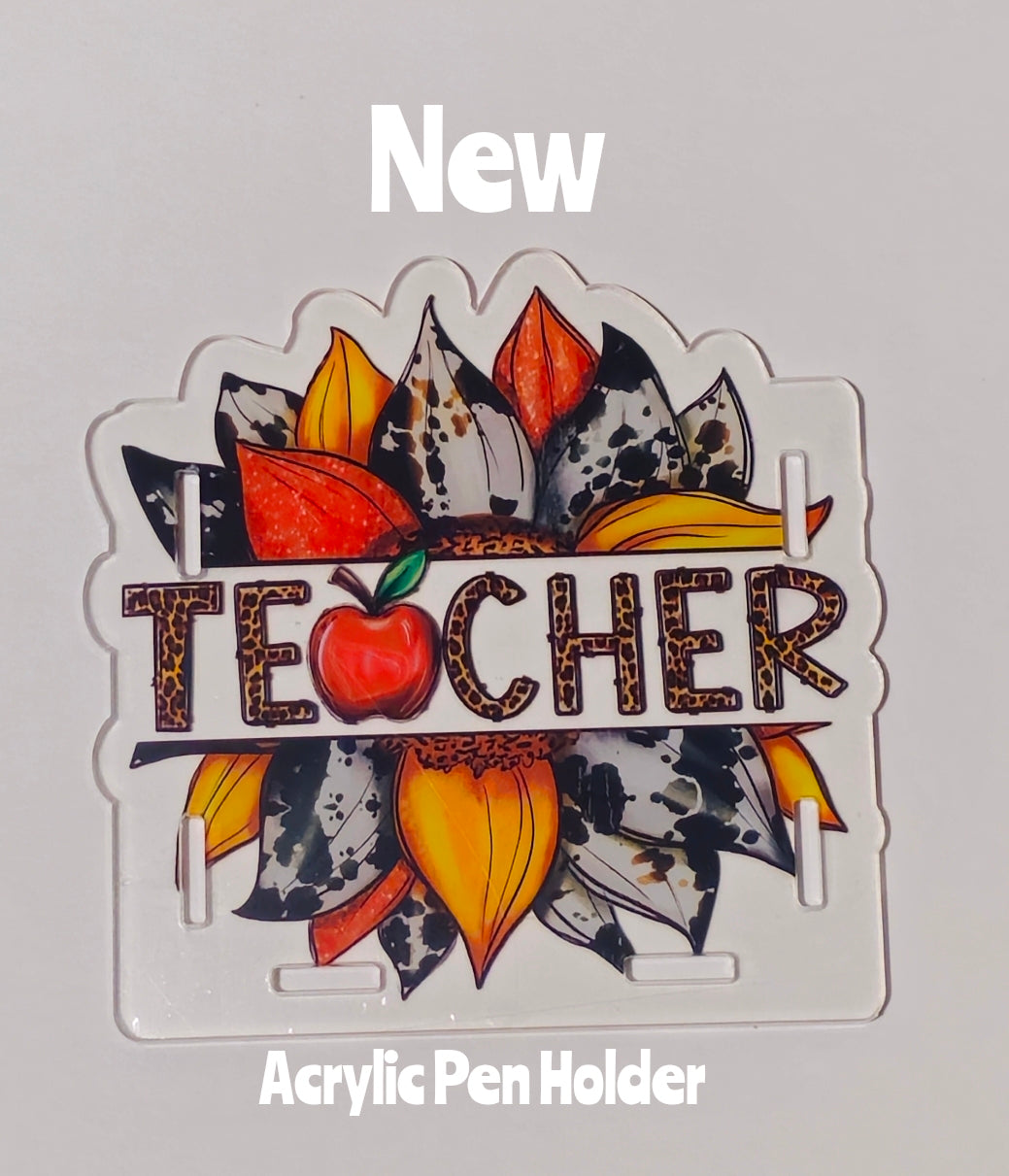 NEW Acrylic Pen Holder Box 1 Count Teacher.  Read description for directions and special handling.