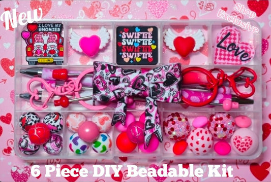 New Deluxe 6 Piece Valentines Beadable DIY Bead Kit Craft Kit