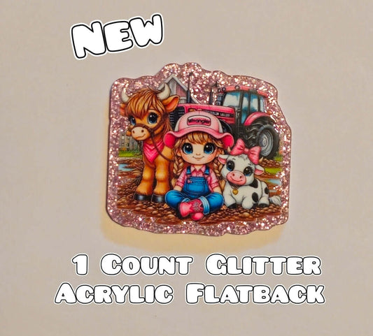 Glitter Acrylic Flatback- Acrylic Planer Resin Charm- Cow Farm