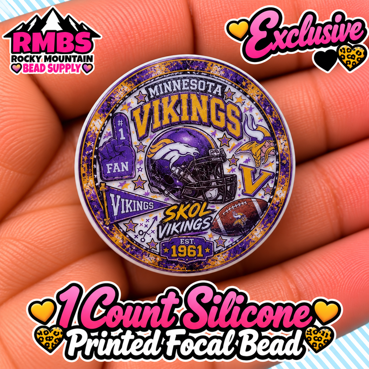 NEW Exclusive 1 count PRINTED Silicone Focal Bead FOOTBALL VIKINGS
