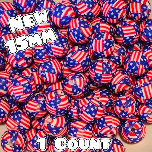 New 1 Count 15mm printed silicone beads American Flag