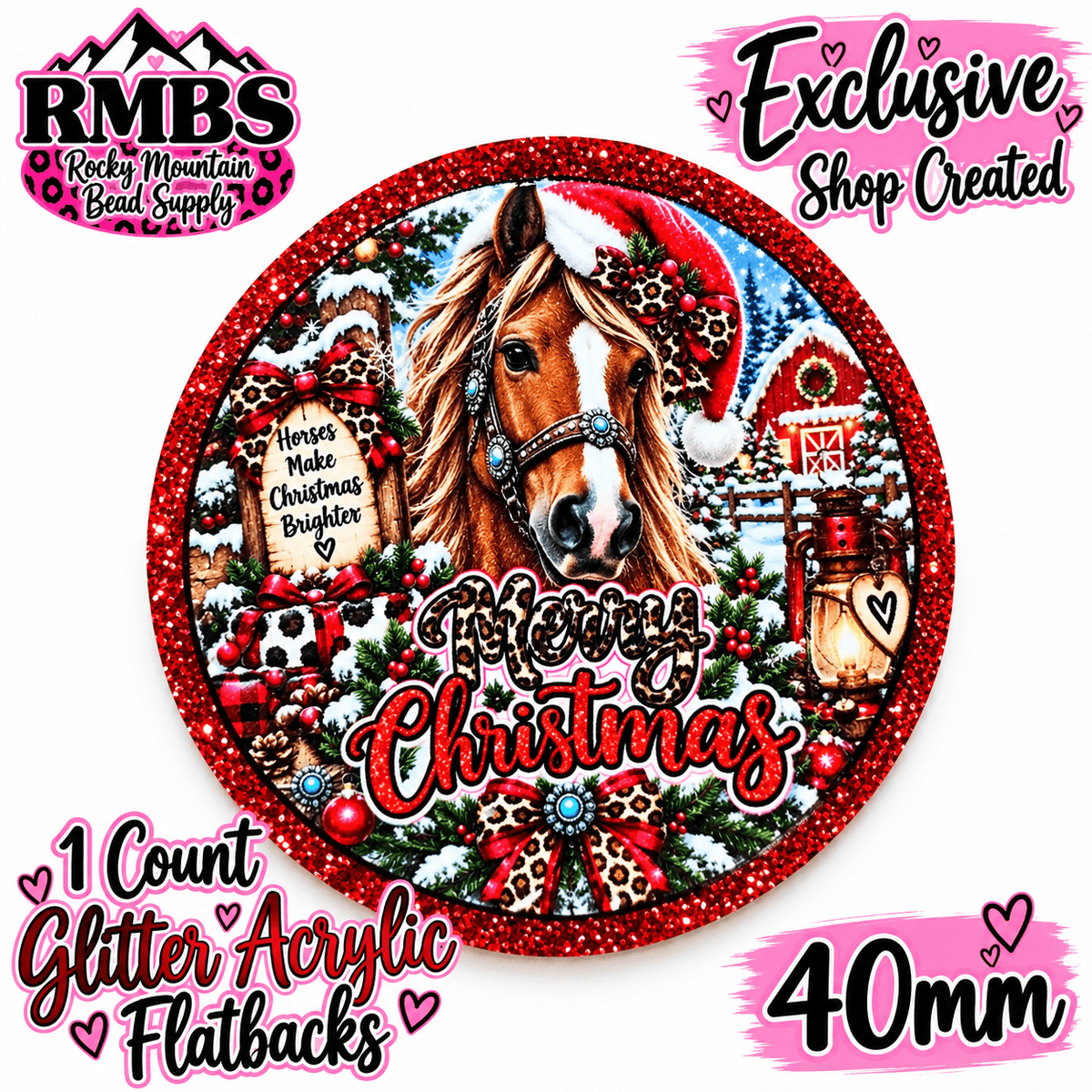 Exclusive 1 Count Custom Exclusive Glitter Acrylic Flatback 40mm MERRY CHRISTMAS HORSE