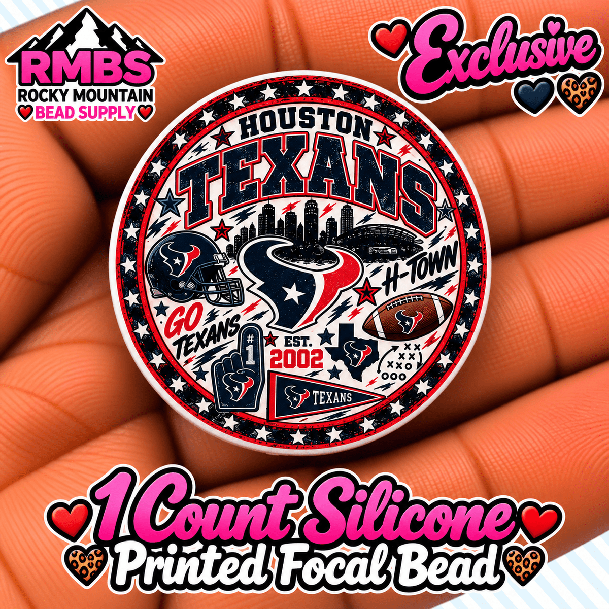NEW Exclusive 1 count PRINTED Silicone Focal Bead FOOTBALL TEXANS