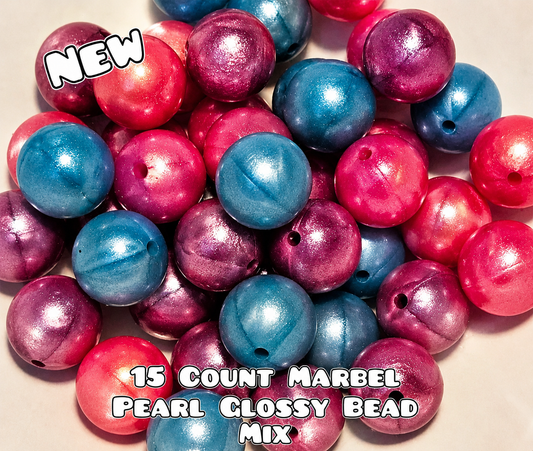 New 15 Count Silicone Marbel Pearl Glossy Beads- Pink- Purple- Blue