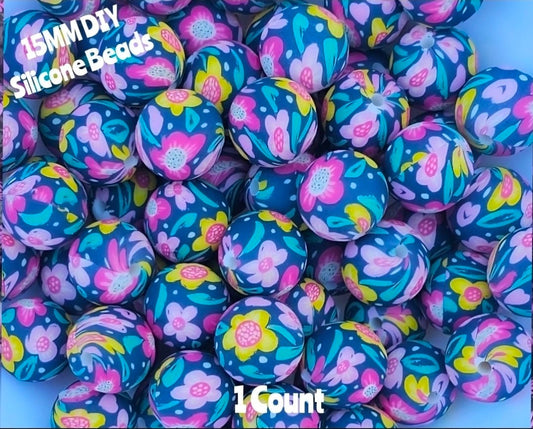 Nuevas Cuentas de Silicona Impresas de 15mm con Flores Audaces, 1 unidad