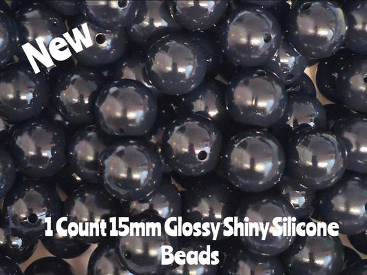 15mm DIY Silicone Beads Glossy Shiny Solids 1 Count Black
