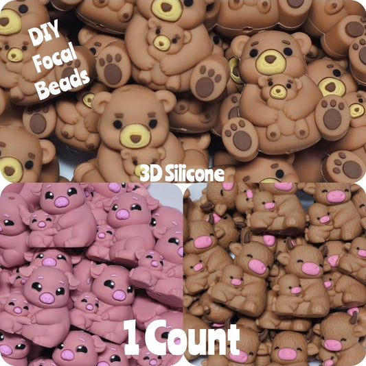 DIY Focal Bead 1 Count Craft Supplies Animals 3D Pigs Cow Bears