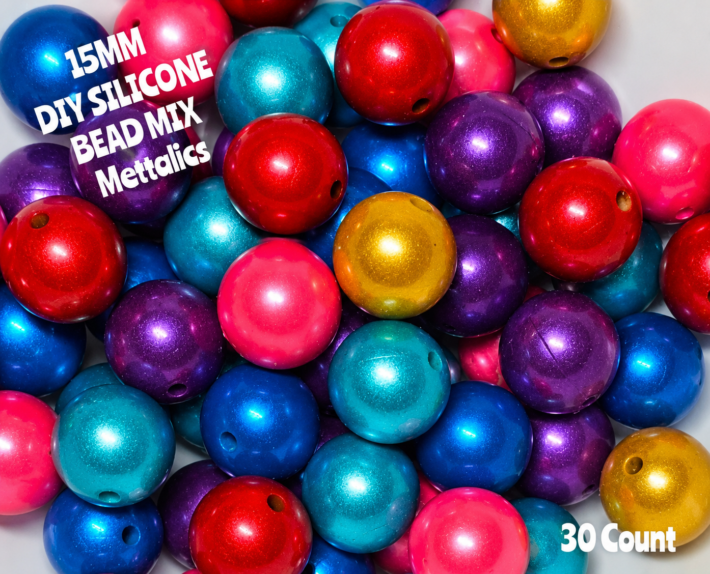 New 30 Count Solid Mettalic Shimmer 15mm Silicone Bead Mix
