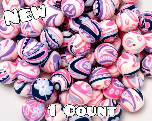 New 1 Count DIY Silicone Beads 15mm printed Purple Pink Blue Paisley
