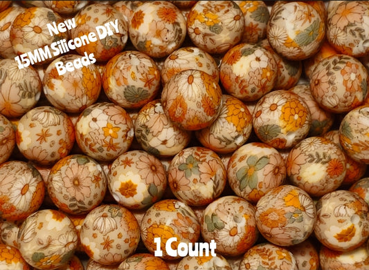 New 1 Count DIY Silicone Beads 15mm printed flowers fall floral beadable accessories