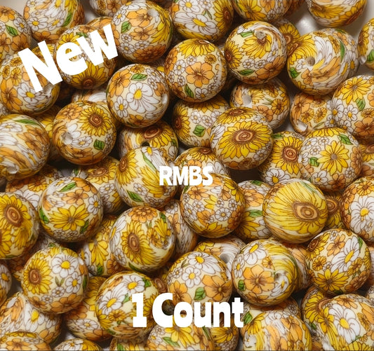 New 1 Count 15mm printed Sunflower meadows silicone bead
