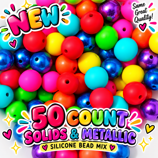 New 50 Count Deluxe Fancy Silicone 15mm Solids & Mettalic Beads Mix