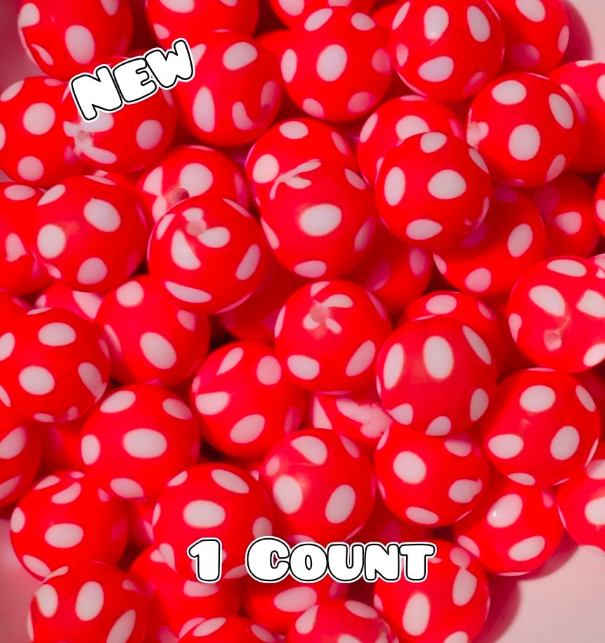 New 1 Count DIY Silicone Beads 15mm printed Red Polka Dots