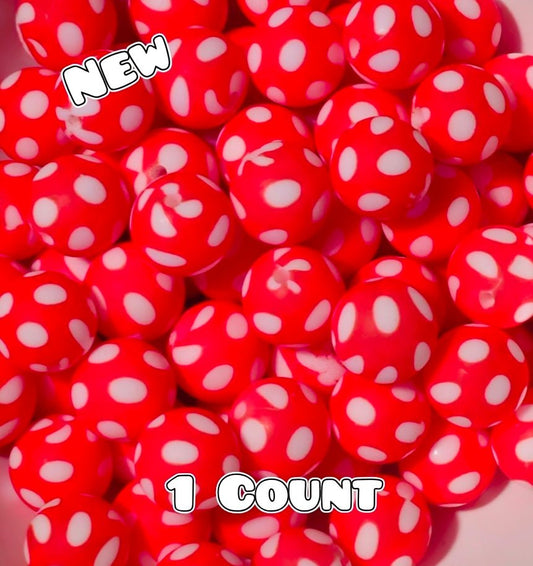 New 1 Count DIY Silicone Beads 15mm printed Red Polka Dots