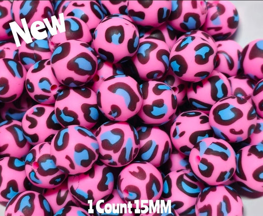 New Pink Blue Country Leopard  1 Count  Prints 15mm printed Silicone Beads