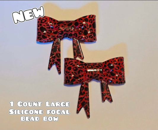 1 Count Large Silicone Printed Bow Focal Beads. Bow beadable accessories. Shimmer Glossy Finish Red Leopard