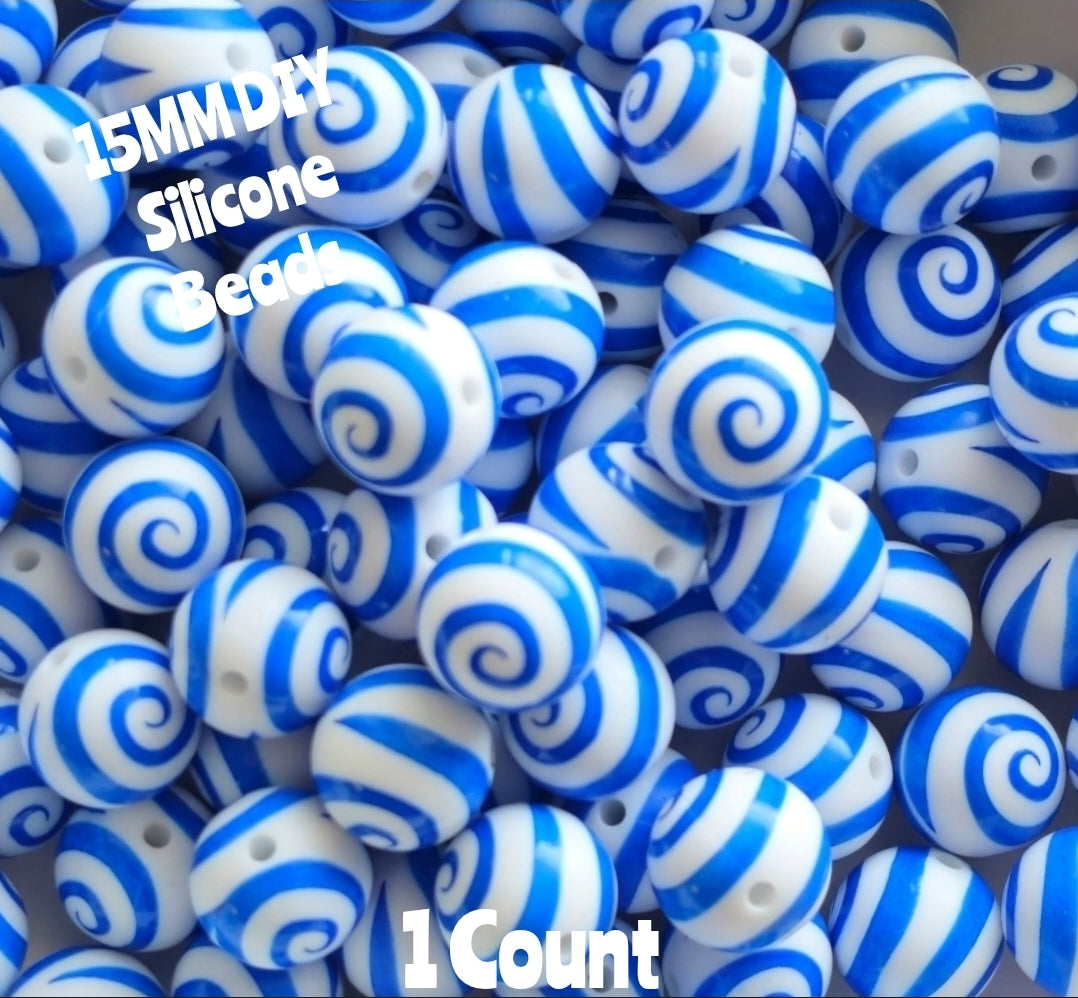 New 1 Count DIY Silicone Beads 15mm printed Blue Swirl Beads Beadable Accessories