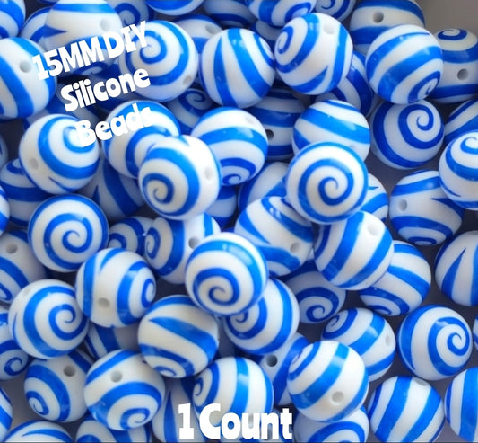 New 1 Count DIY Silicone Beads 15mm printed Blue Swirl Beads Beadable Accessories