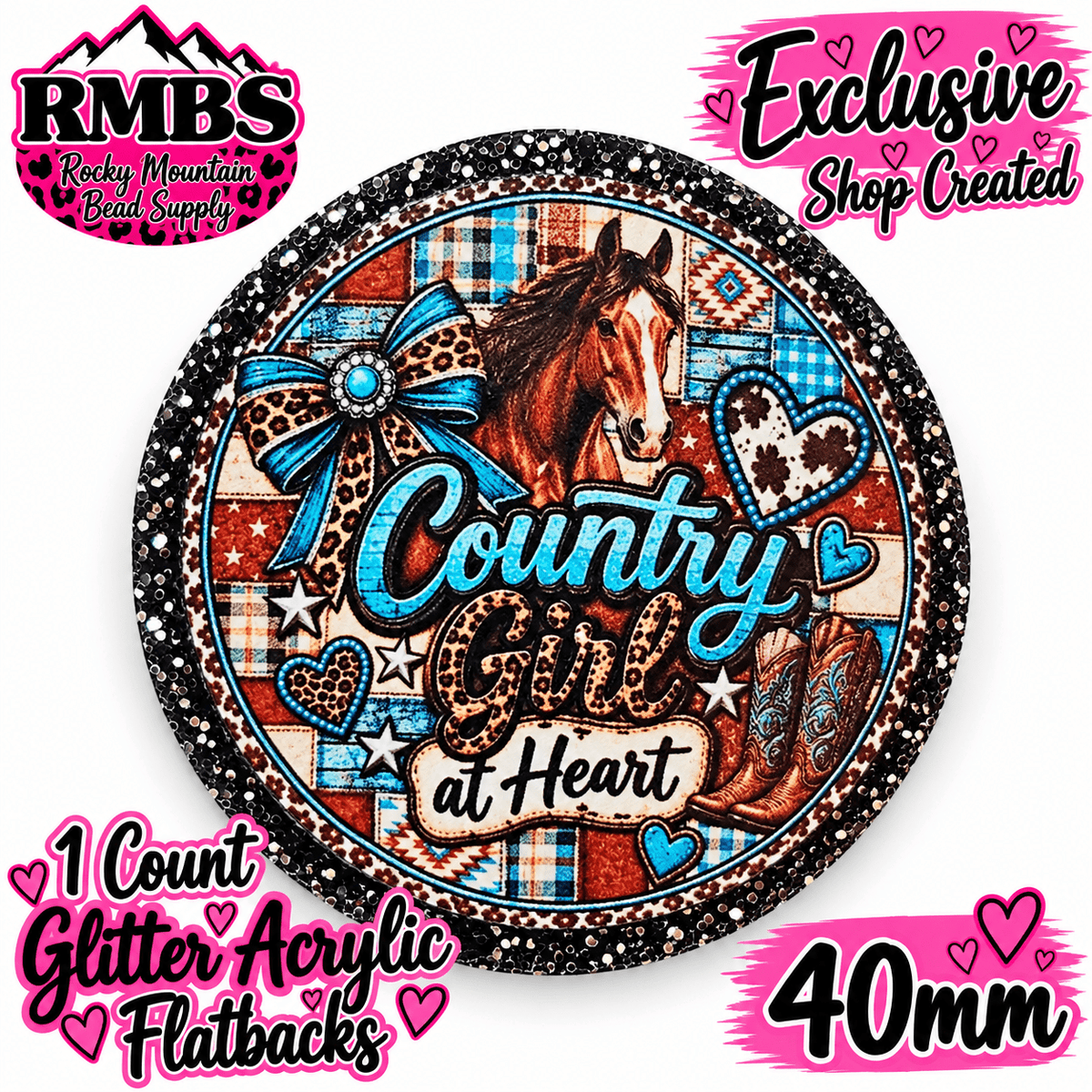 Exclusive 1 Count Custom Exclusive Glitter Acrylic Flatback 40mm HORSE COUNTRY GIRL AT HEART
