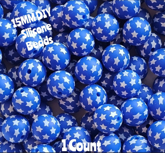 New 1 Count DIY Silicone Beads 15mm printed Blue Stars Beads Beadable Accessories