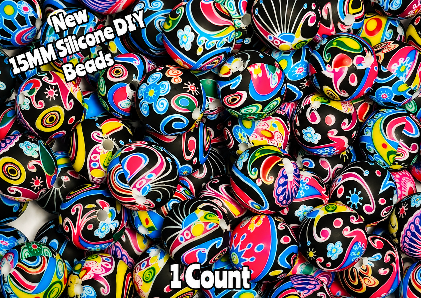 New 1 Count DIY Silicone Beads 15mm printed bright bold flowers paisley beadable accessories