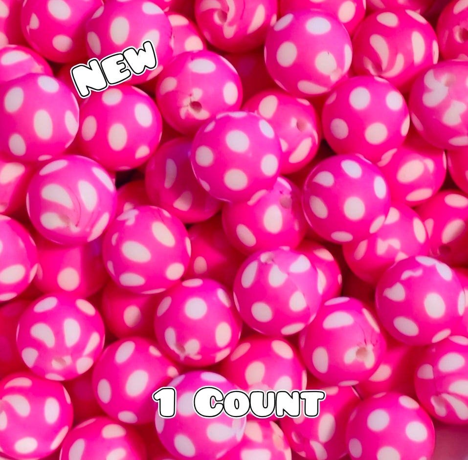 New 1 Count DIY Silicone Beads 15mm printed Pink Polka Dots