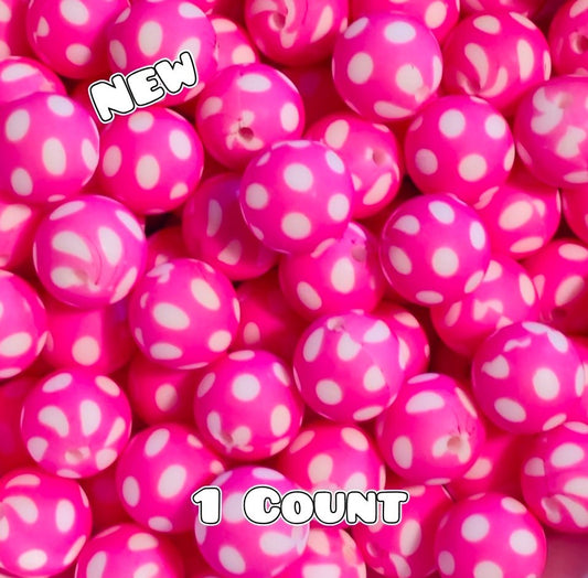 New 1 Count DIY Silicone Beads 15mm printed Pink Polka Dots