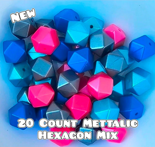 20 Count Mettalic Silicone Sooner Hexagon Beads Mix