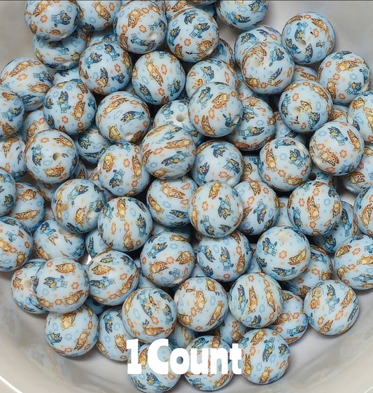 New 1 Count 15mm printed pup character silicone bead
