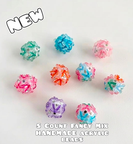 5 Count Acrylic Fancy Bow Style 18mm Beads. Handmade Mix Of Colors