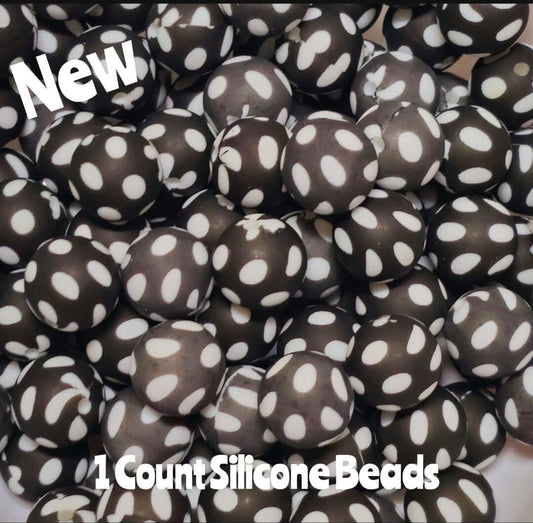 New 15mm 1 Count Black Polka Dot printed silicone bead