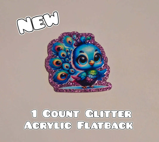 Glitter Acrylic Flatback- Acrylic Planer Resin Charm- Peacock