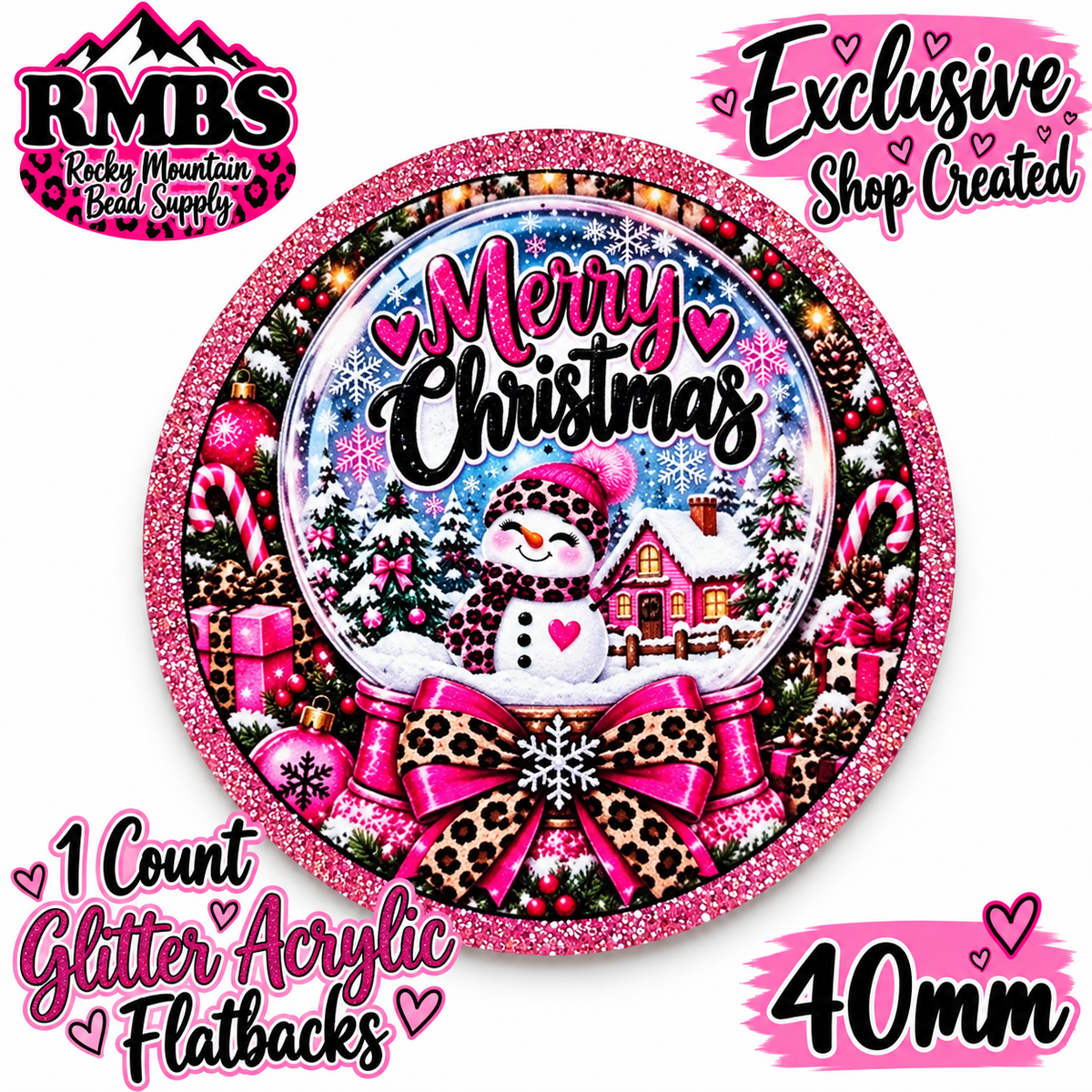 Exclusive 1 Count Custom Exclusive Glitter Acrylic Flatback 40mm MERRY CHRISTMAS PINK SNOWGLOBE