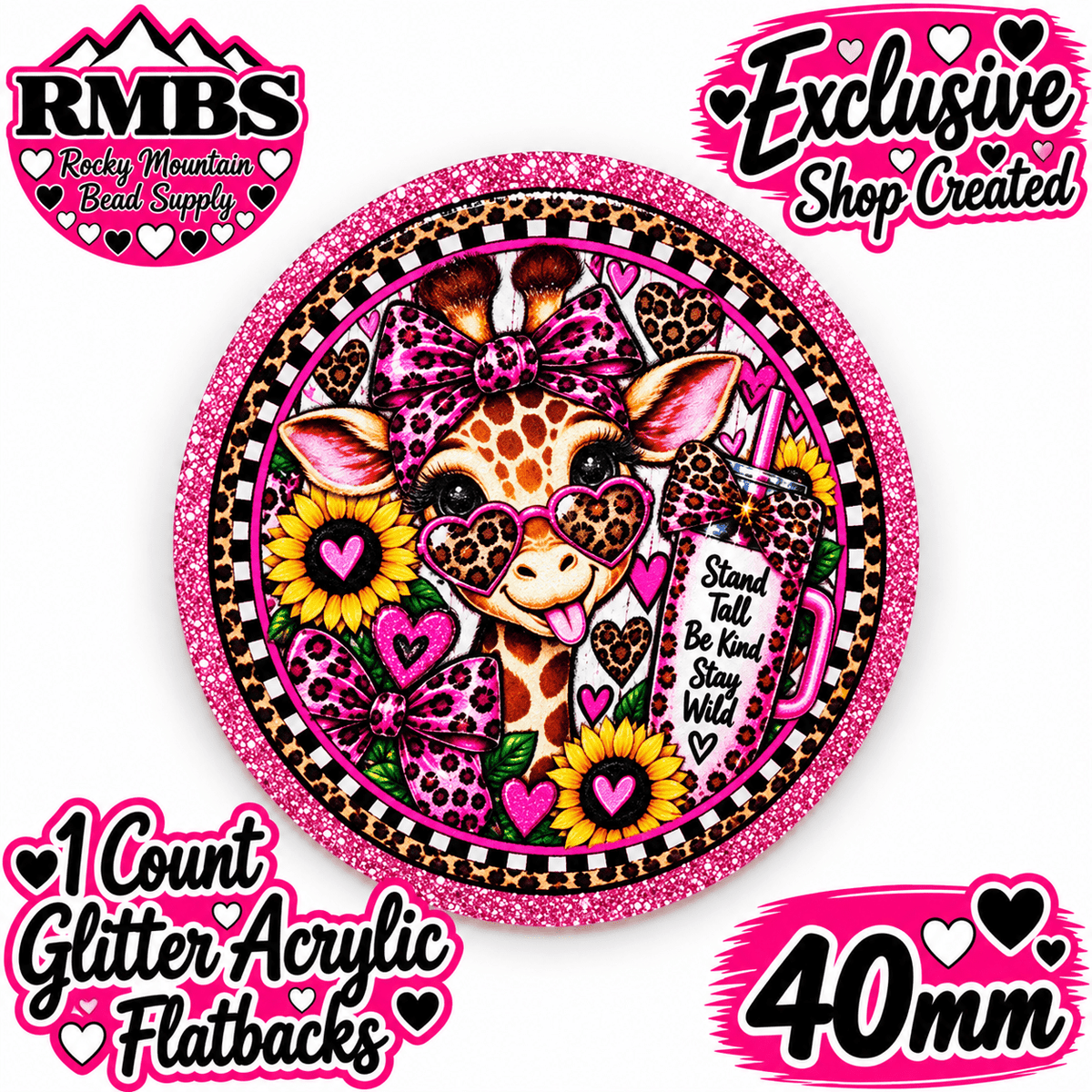 Exclusive 1 Count Custom Exclusive Glitter Acrylic Flatback 40mm GIRAFFE