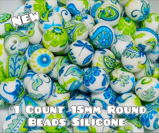 New 1 Count 15mm printed silicone beads BRIGHT DRAGON FLY PAISLEY