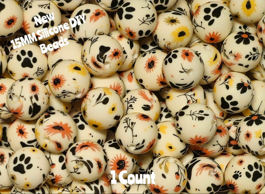 New 1 Count DIY Silicone Beads 15mm printed floral paw print beadable accessories