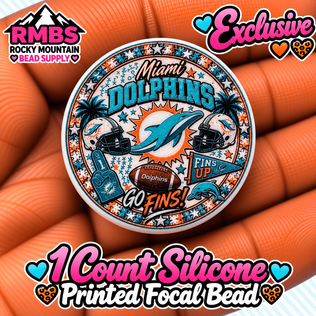 NEW Exclusive 1 count PRINTED Silicone Focal Bead FOOTBALL DOLPHINS