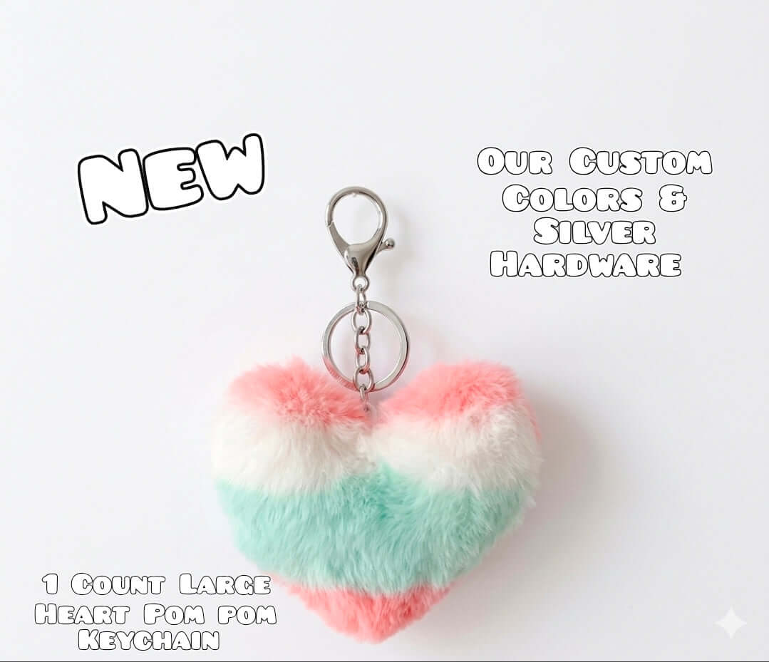1 Count Large Heart Keychain Pom Poms Silver Hardware Shop Created Designs