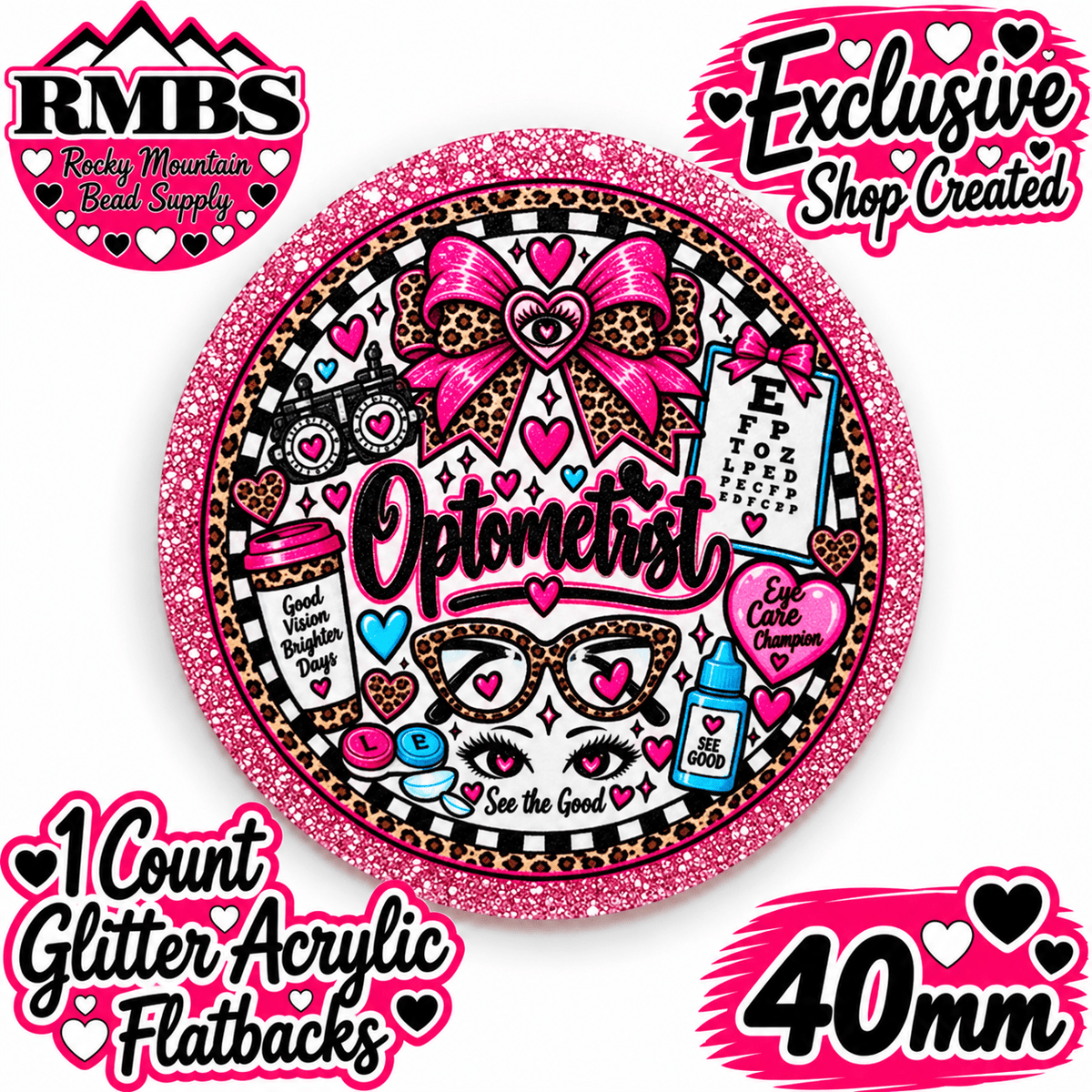 Exclusive 1 Count Custom Exclusive Glitter Acrylic Flatback 40mm OPTOMETRIST 2