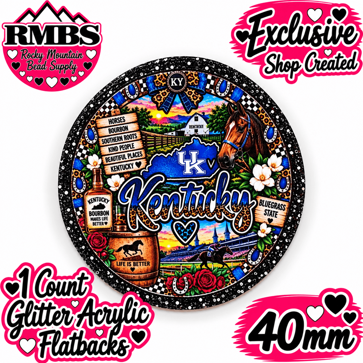 Exclusive 1 Count Custom Exclusive Glitter Acrylic Flatback 40mm STATE KENTUCKY