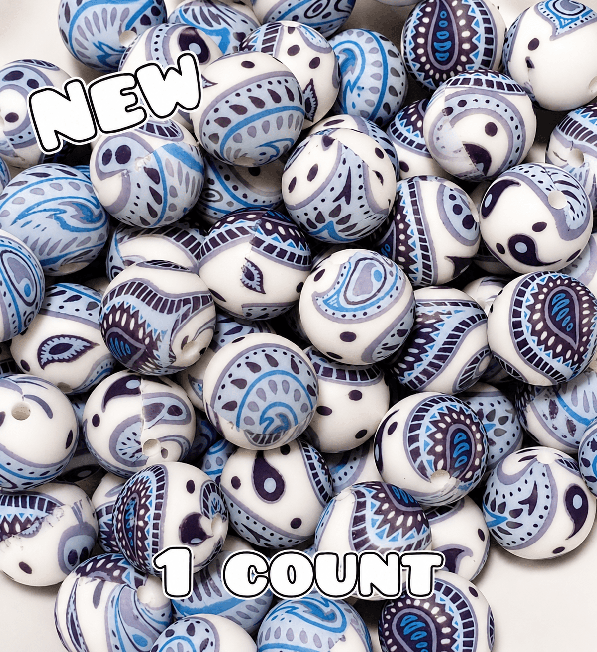 New 1 Count 15mm printed silicone beads PASTEL Blue Paisley